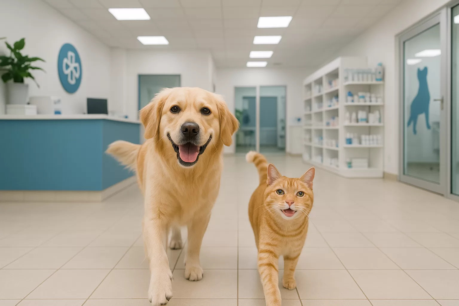Perro y gato felices en clínica veterinaria